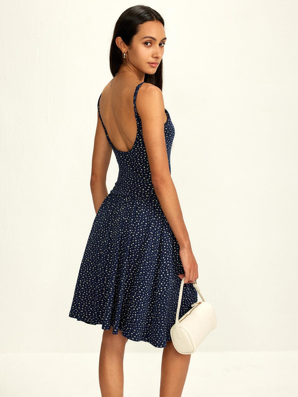 Scoop-Back Floral Midi Dress | Navy | Summer | Cotton - ZyraLux Kleding en accessoires