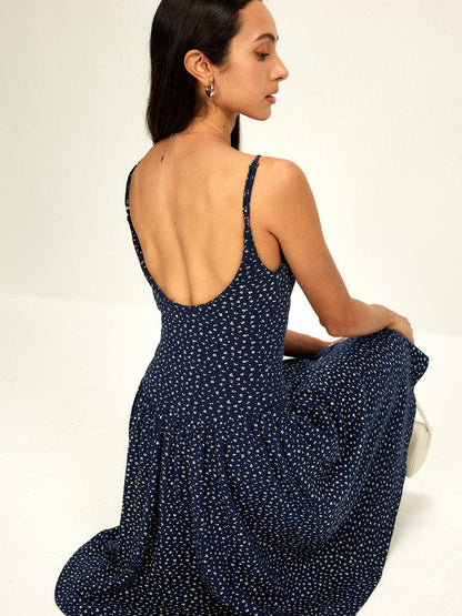 Scoop-Back Floral Midi Dress | Navy | Summer | Cotton - ZyraLux Kleding en accessoires