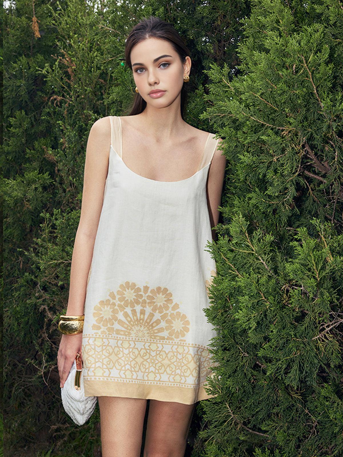 Boho Floral Slip Dress | Off White | Resort Wear | Linen Blend - ZyraLux Kleding en accessoires