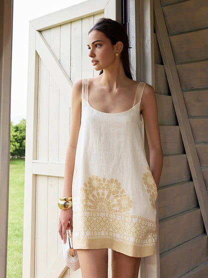 Boho Floral Slip Dress | Off White | Resort Wear | Linen Blend - ZyraLux Kleding en accessoires