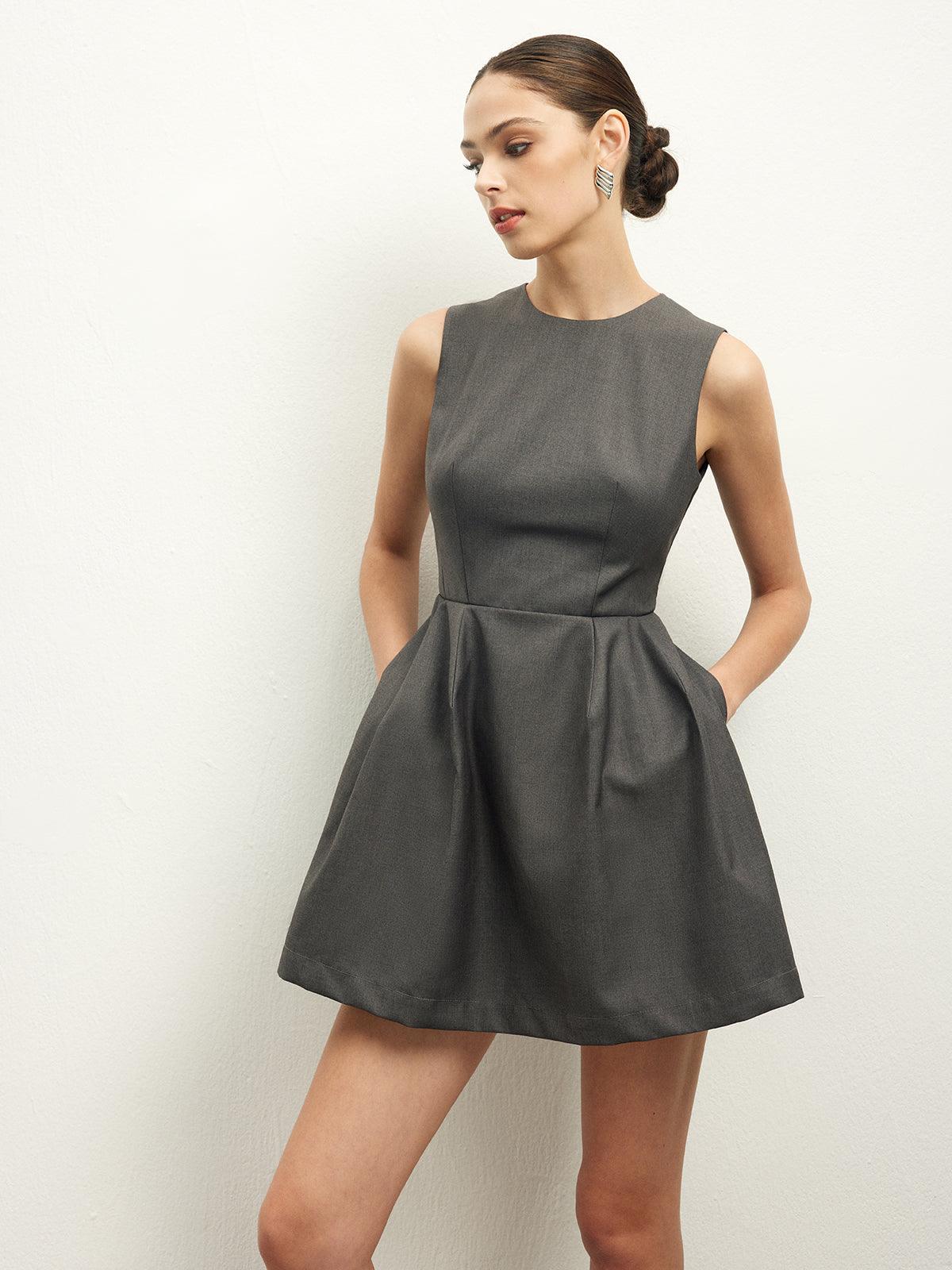 Open-Back A-Line Mini Dress | Grey | Evening | Wool-Blend - ZyraLux Kleding en accessoires