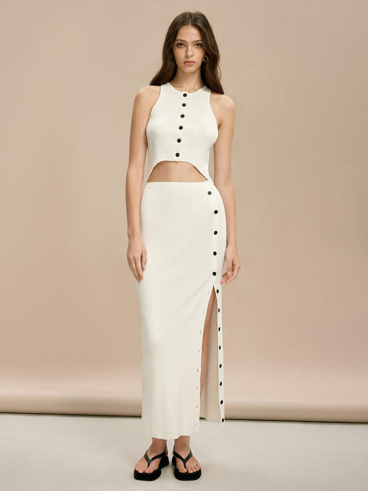 Cut-Out Buttoned Maxi Dress | White | Evening Wear | Ribbed Knit - ZyraLux Kleding en accessoires