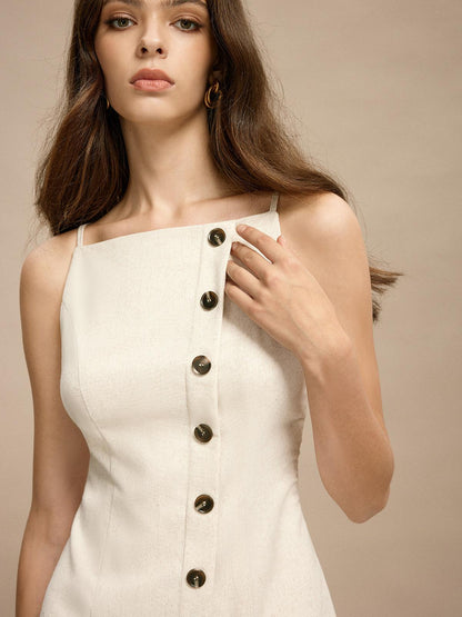 Buttoned Elegance Dress | Off White | Cocktail | Linen Blend - ZyraLux Kleding en accessoires