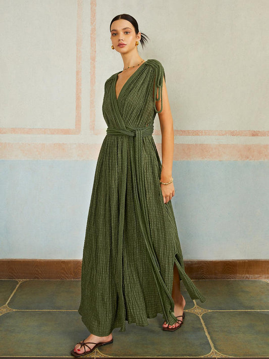 Bohemian Wrap Maxi Dress | Army Green | Summer Chic | Crinkled Fabric - ZyraLux Kleding en accessoires