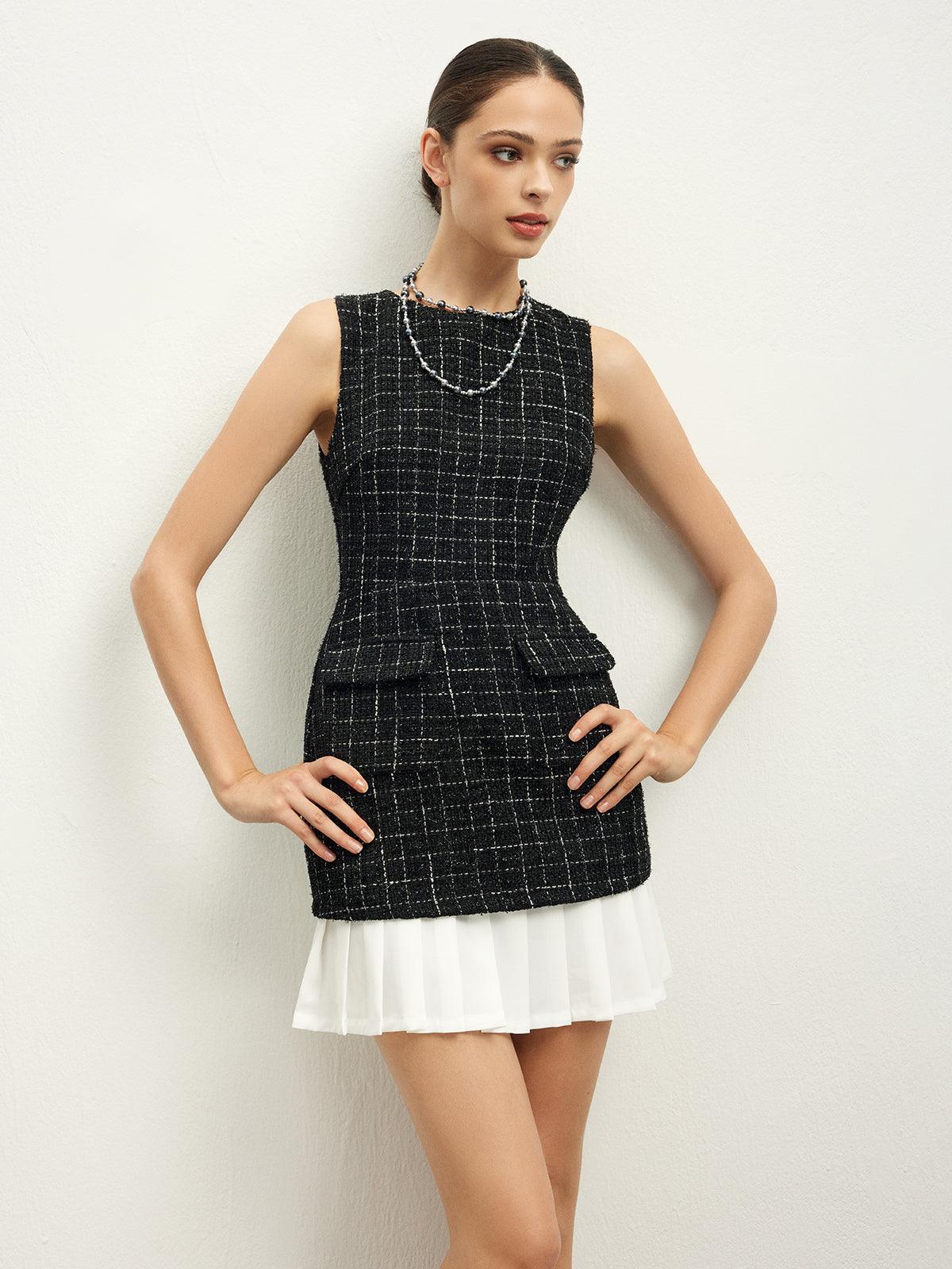 Classic Tweed Mini Dress | Black | Workwear | Tweed and Chiffon - ZyraLux Kleding en accessoires