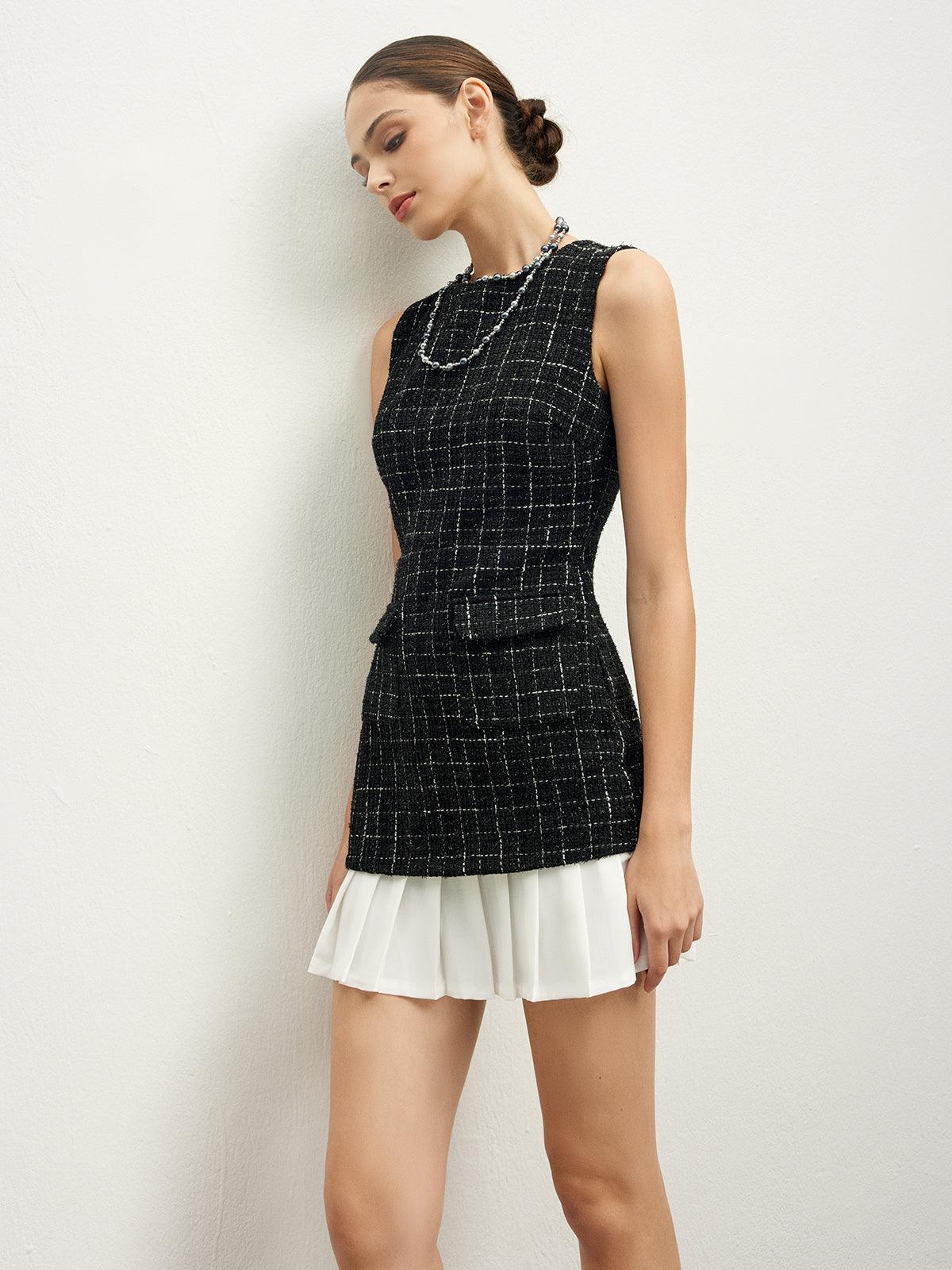 Classic Tweed Mini Dress | Black | Workwear | Tweed and Chiffon - ZyraLux Kleding en accessoires