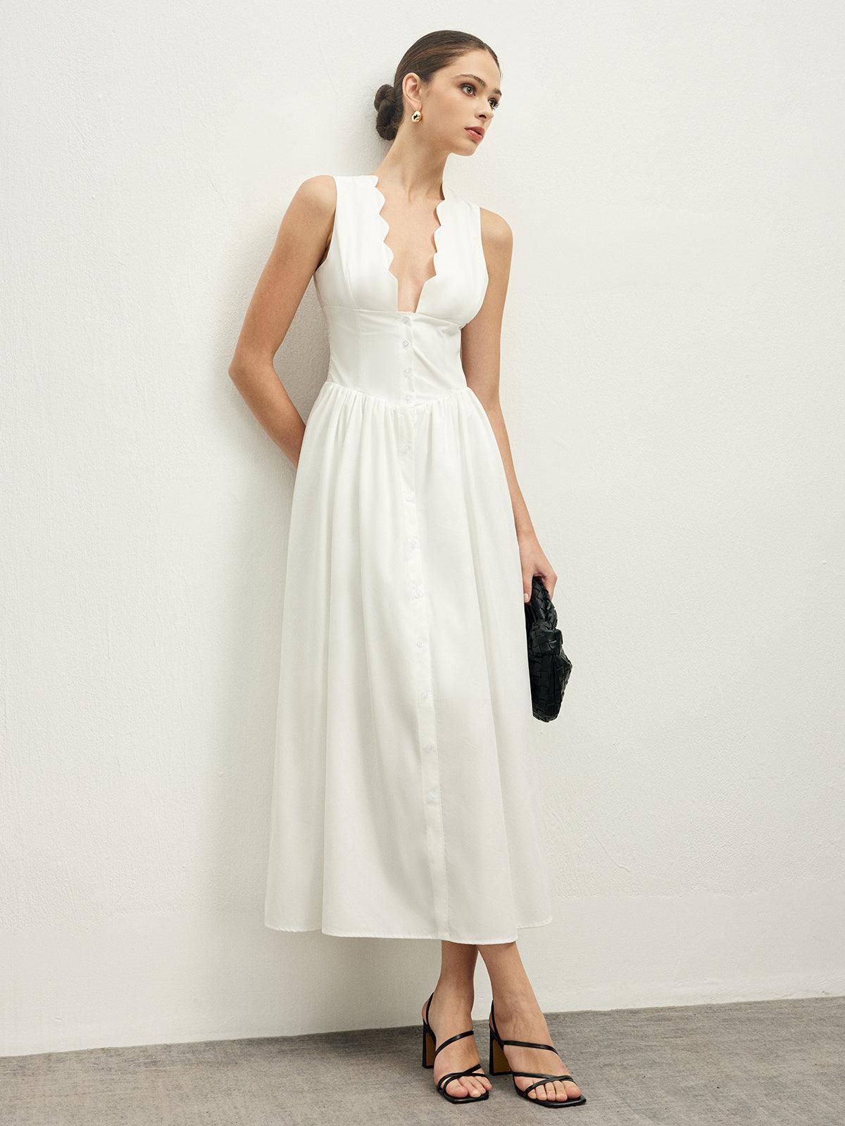 Scalloped Elegance Midi Dress | White | Daytime Wear | Cotton Blend - ZyraLux Kleding en accessoires