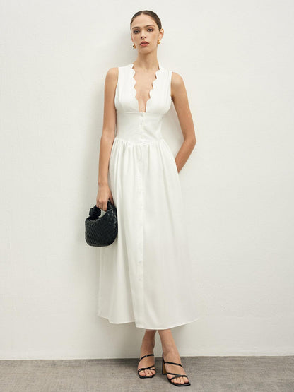 Scalloped Elegance Midi Dress | White | Daytime Wear | Cotton Blend - ZyraLux Kleding en accessoires