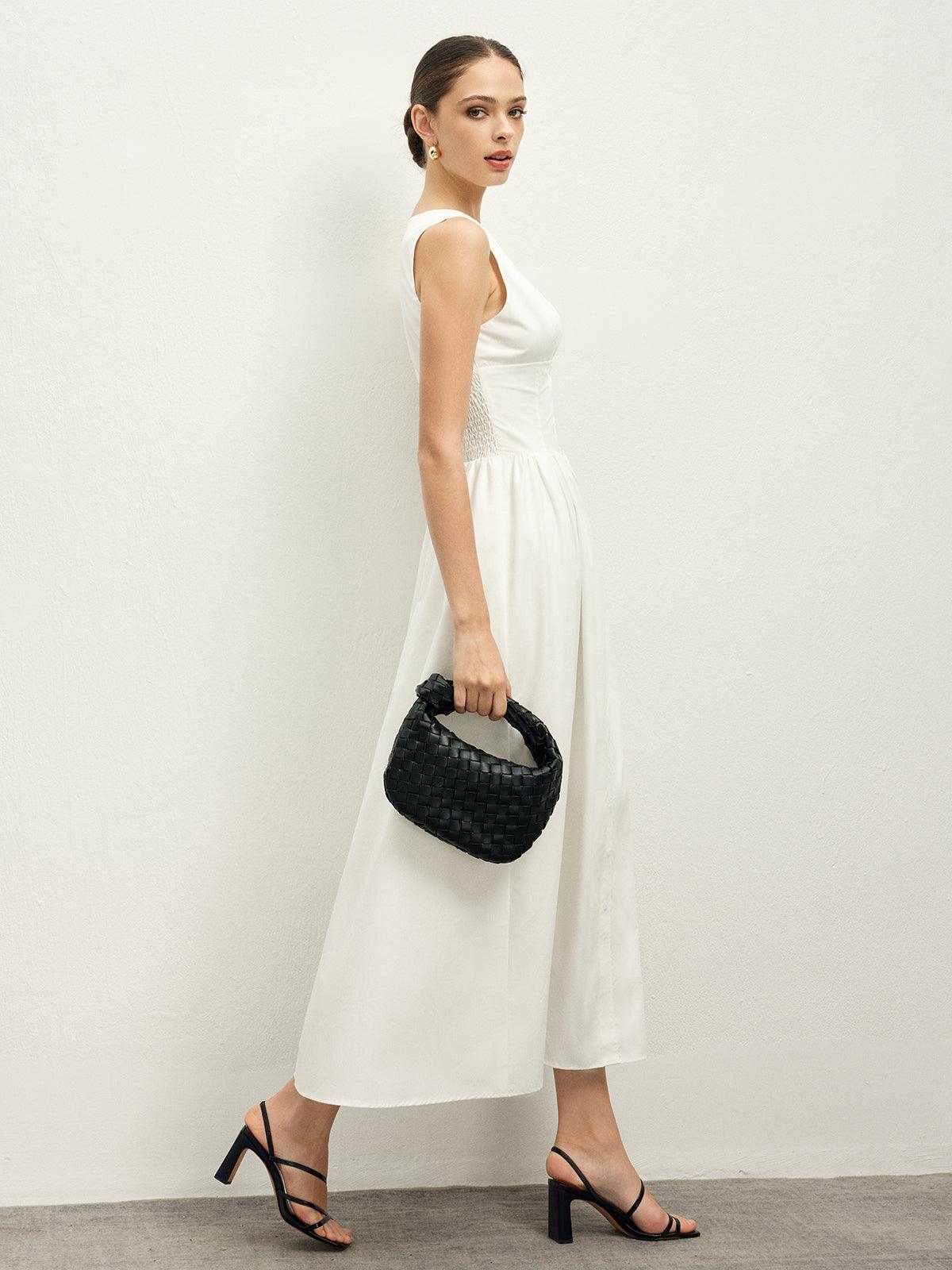 Scalloped Elegance Midi Dress | White | Daytime Wear | Cotton Blend - ZyraLux Kleding en accessoires