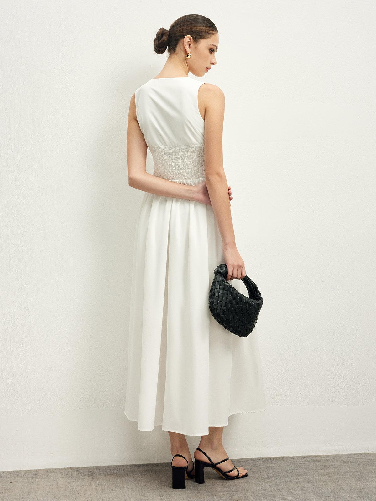 Scalloped Elegance Midi Dress | White | Daytime Wear | Cotton Blend - ZyraLux Kleding en accessoires