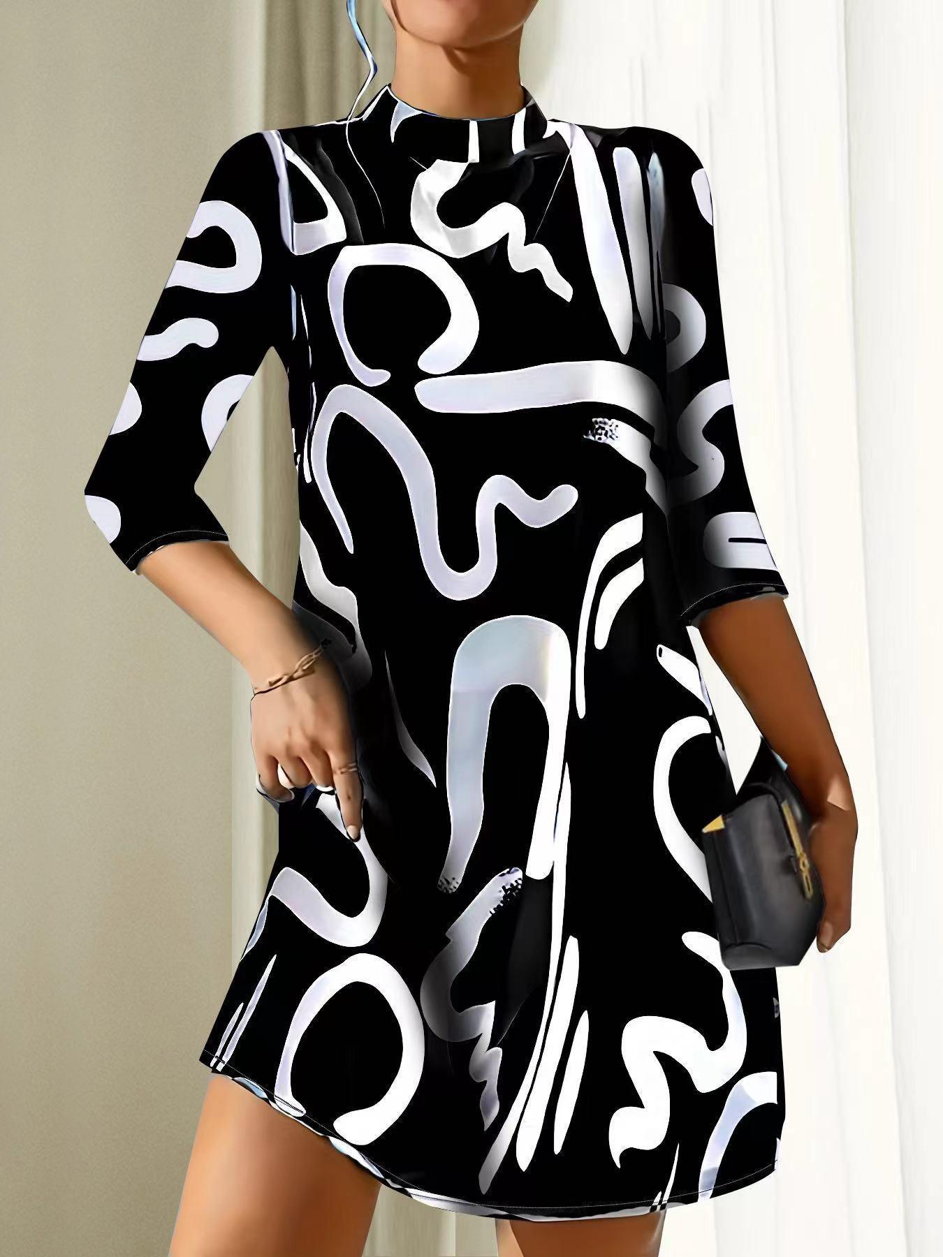 Abstract A-Line Dress - Black and White - Polyester - Artistic - ZyraLux Women's Dresses