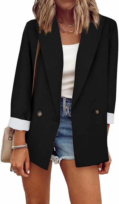 Black Office Casual Long Sleeve Open Front Work Blazer Jacket - ZyraLux