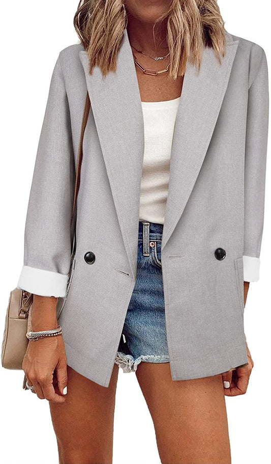 Light Gray Office Long Sleeve Open Front Work Blazer Jacket - ZyraLux