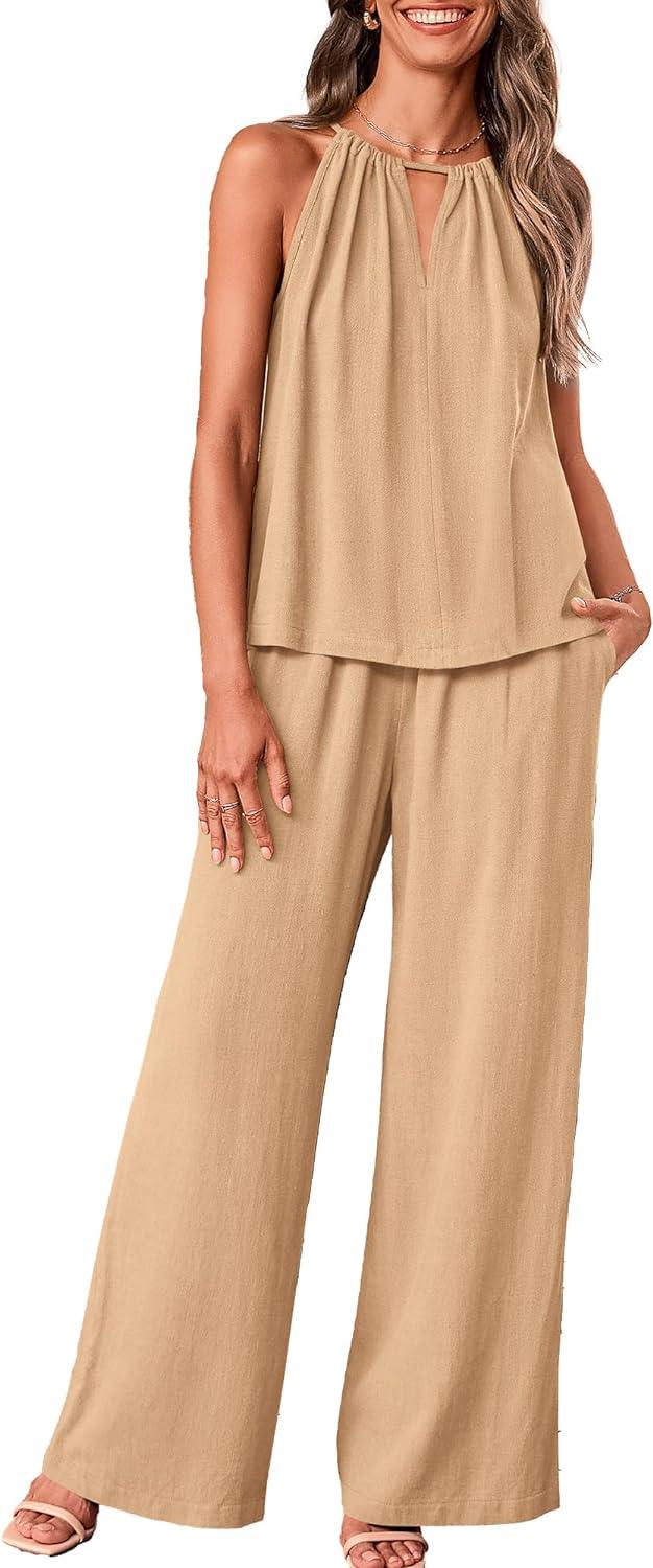 Khaki Halter Linen Sleeveless Top & Pants Set - ZyraLux