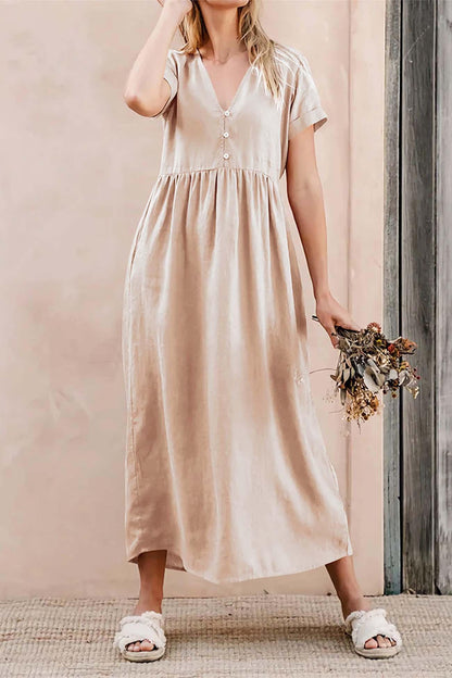 Camille - beige cotton v neck pocket midi dress - ZyraLux