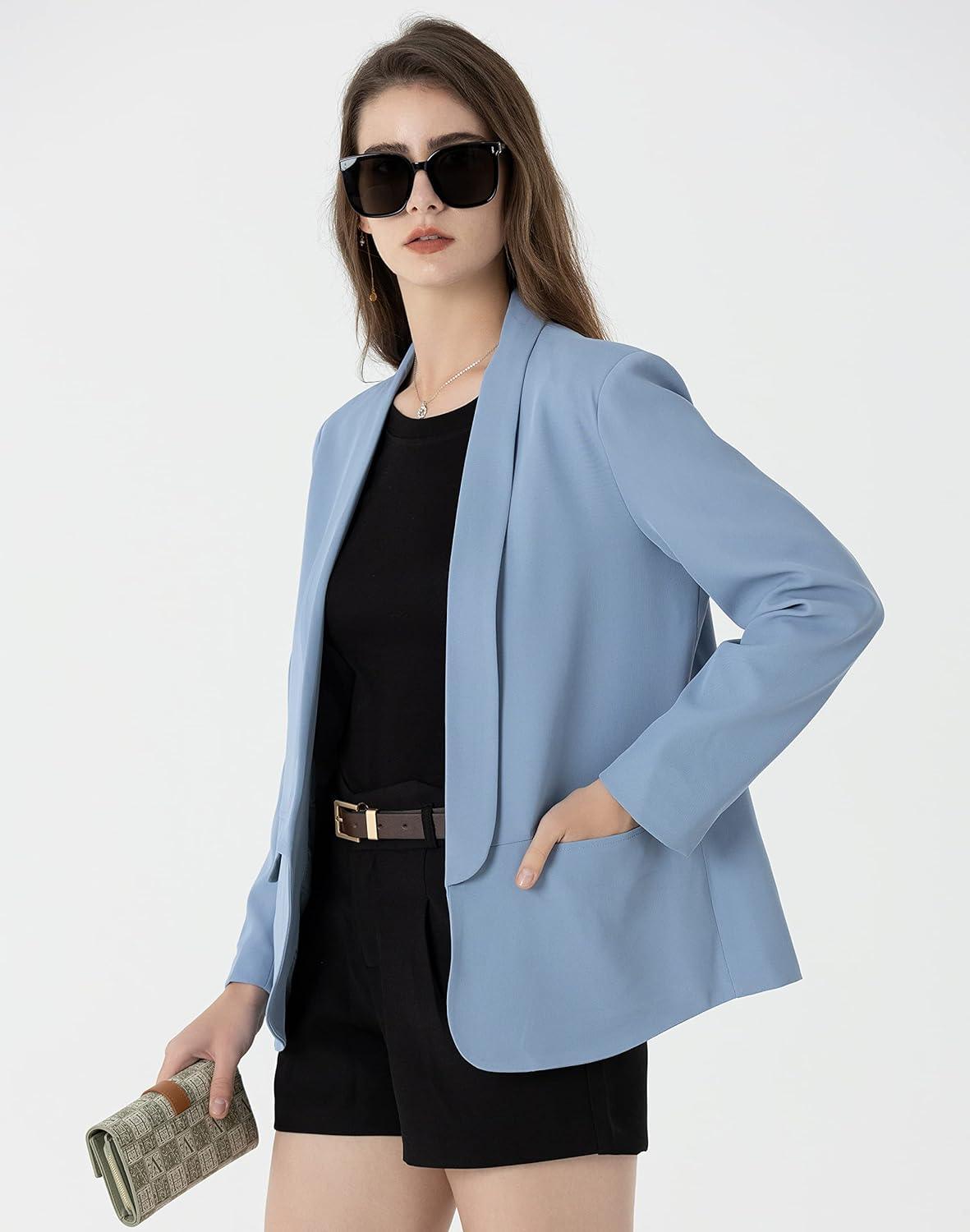 Casual Style Light Blue Business Lapel Buttonless Blazer Jacket - ZyraLux