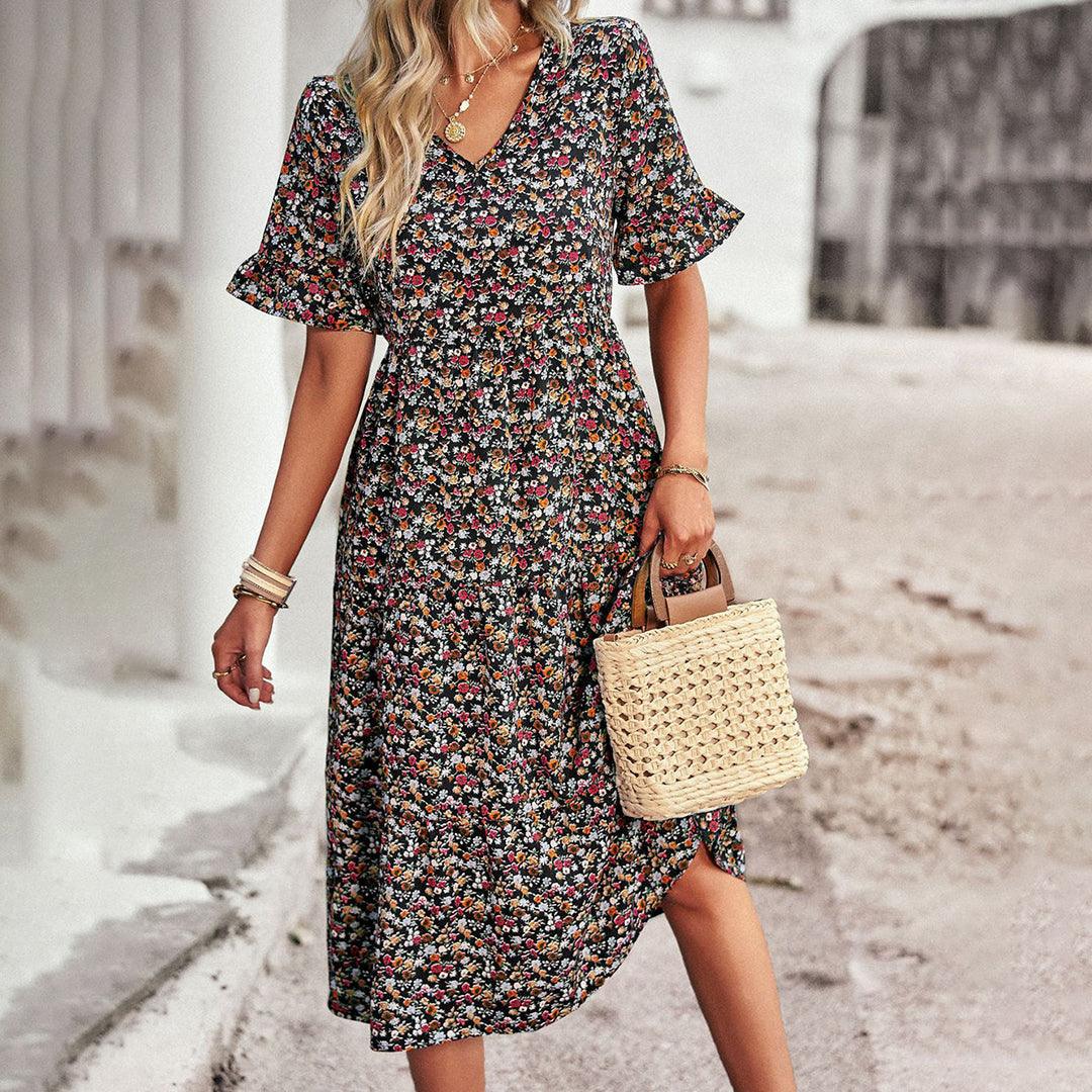 Boho Floral Midi Dress | Apricot | Lightweight Cotton | Perfect for Summer - ZyraLux Kleding en accessoires