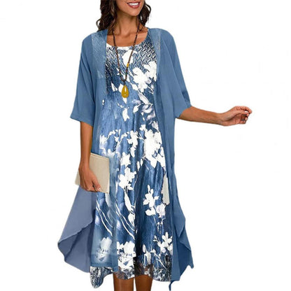 Elegant Two-Piece Floral Dress Set | Blue | Chiffon | Ideal for Casual Outings - ZyraLux Kleding en accessoires