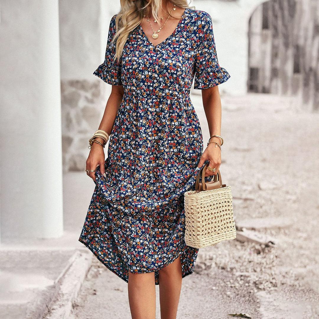 Boho Floral Midi Dress | Apricot | Lightweight Cotton | Perfect for Summer - ZyraLux Kleding en accessoires