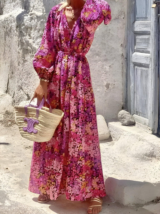 Bohemian Maxi Dress | Floral Print | V-Neck | Long Sleeve - ZyraLux Kleding en accessoires