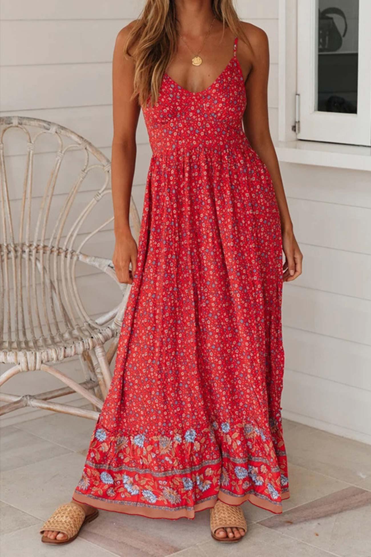 Fiona - bohemian v neck floral maxi dress - ZyraLux