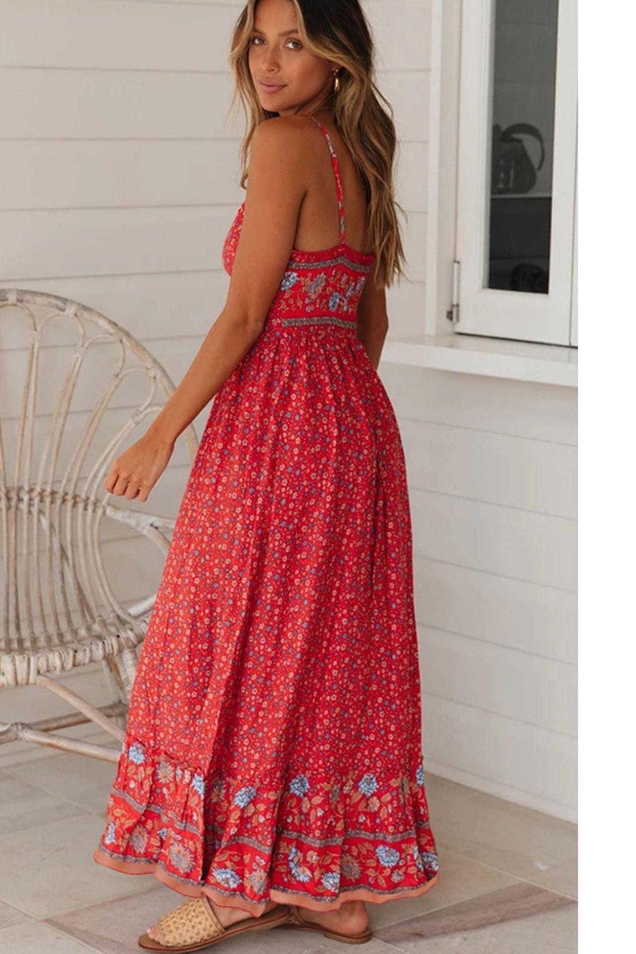 Fiona - bohemian v neck floral maxi dress - ZyraLux