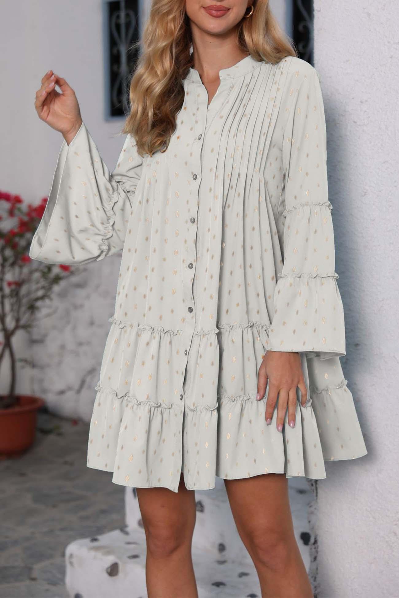 Eden - button pleated bell sleeve tiered dress - ZyraLux