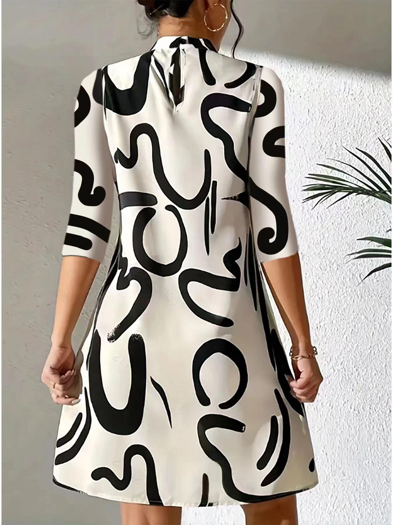 Abstract A-Line Dress - Black and White - Polyester - Artistic - ZyraLux Women's Dresses