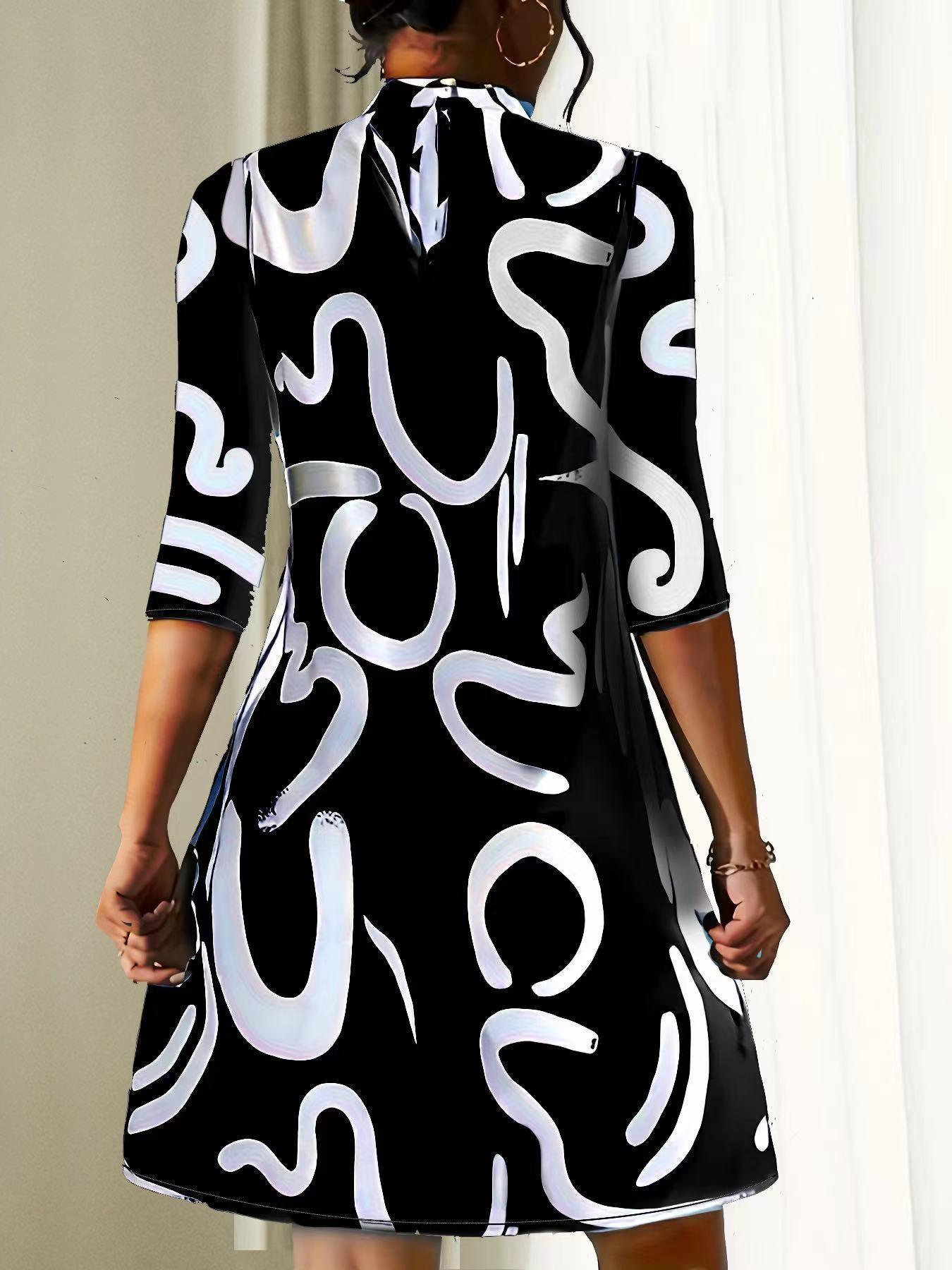 Abstract A-Line Dress - Black and White - Polyester - Artistic - ZyraLux Women's Dresses