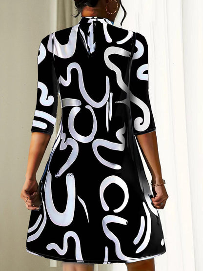 Abstract A-Line Dress - Black and White - Polyester - Artistic - ZyraLux Women's Dresses