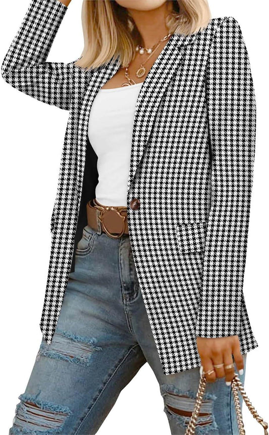 Business Savvy Checkered Long Sleeve Business Blazer Jacket - ZyraLux