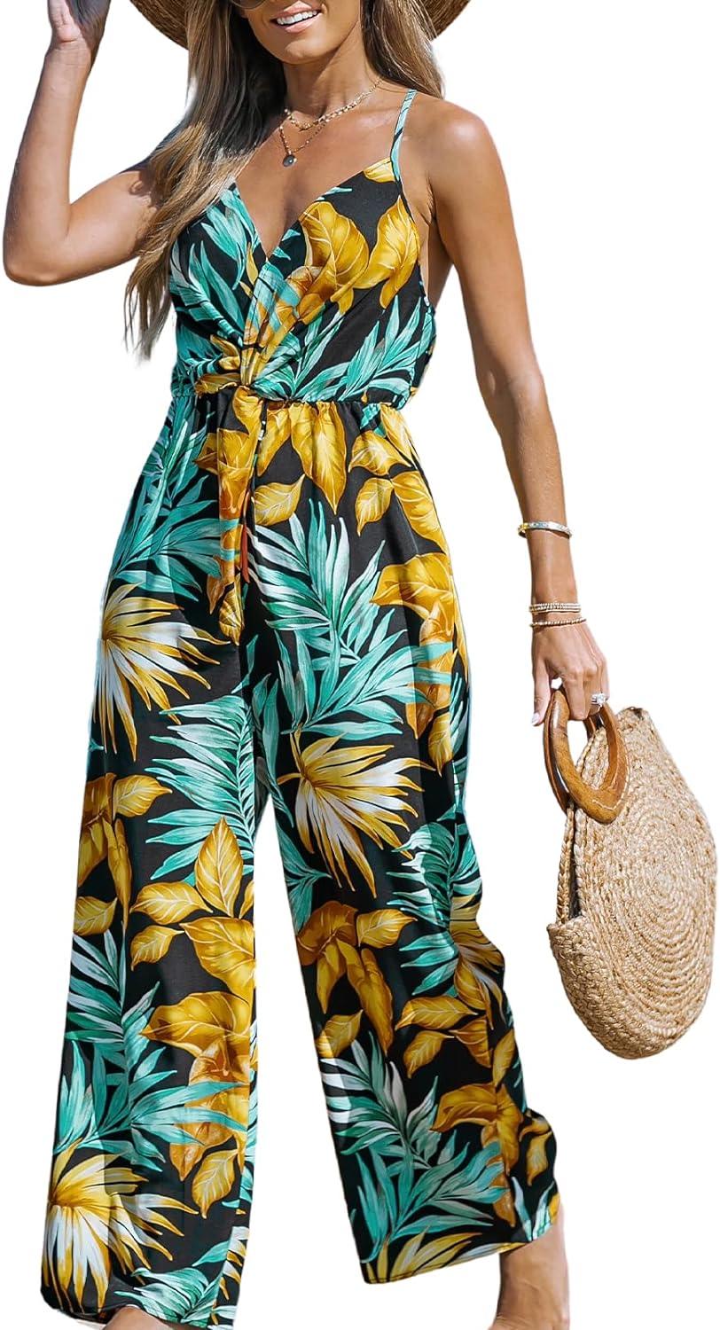 Tropische blad mouwloze jumpsuit met riem