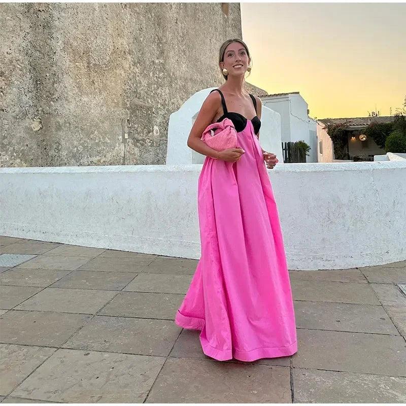 Contrast Elegance Maxi Dress | Pink Black | Formal | Cotton Blend - ZyraLux Kleding en accessoires