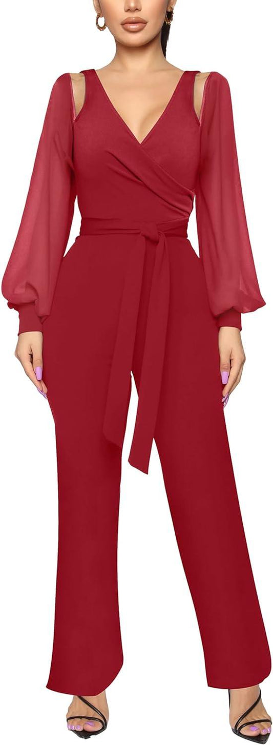 Chiffon Cut Out Long Sleeve Red Chiffon Jumpsuit - ZyraLux