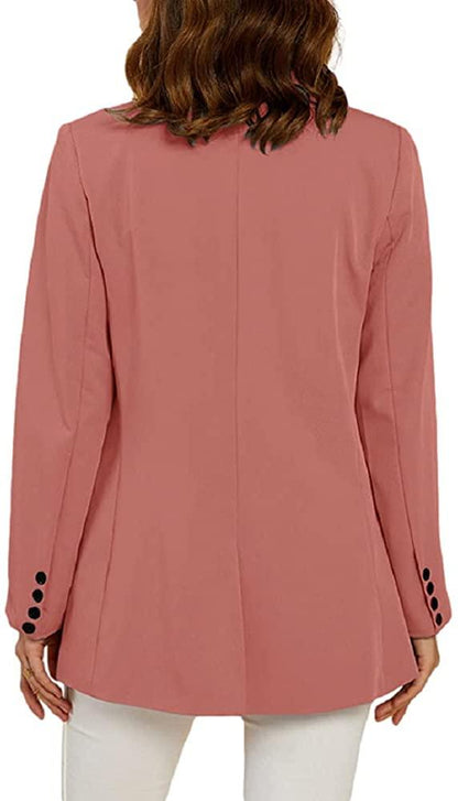 Office Work Jacket Coral Open Front Long Sleeve Blazer with Pockets - ZyraLux