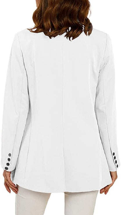 Office Work Jacket White Open Front Long Sleeve Blazer with Pockets - ZyraLux