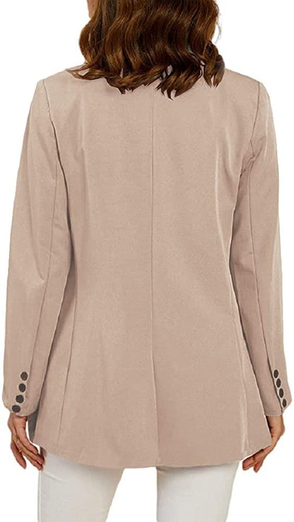 Office Work Jacket Light Khaki Open Front Long Sleeve Blazer with Pockets - ZyraLux