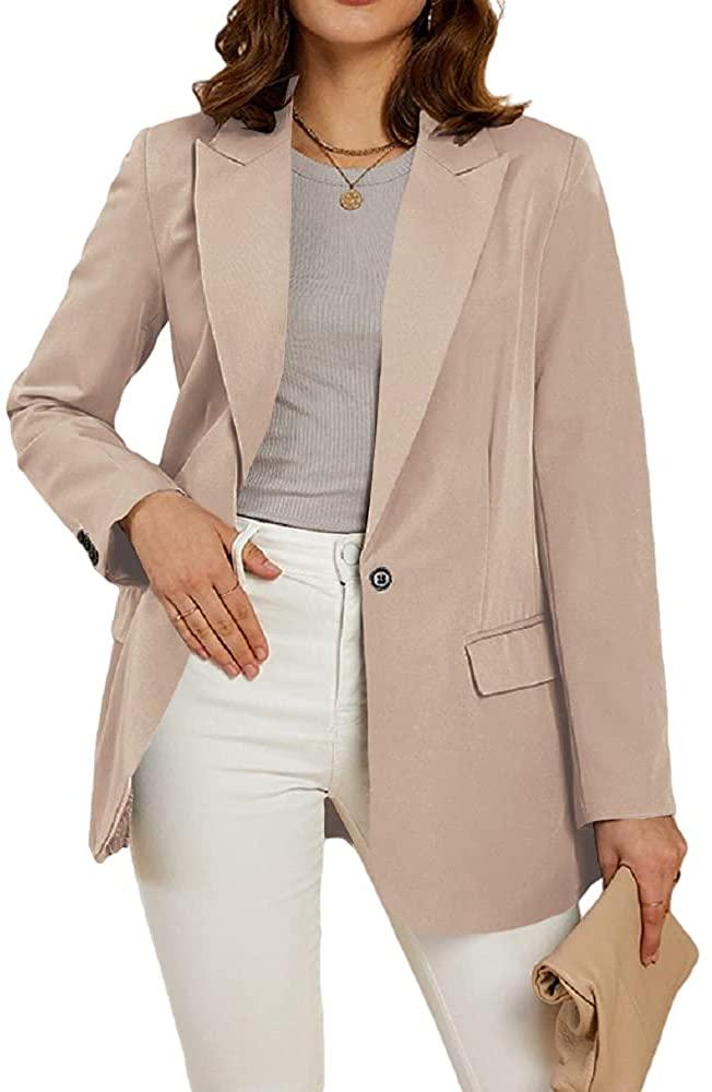 Office Work Jacket Light Khaki Open Front Long Sleeve Blazer with Pockets - ZyraLux