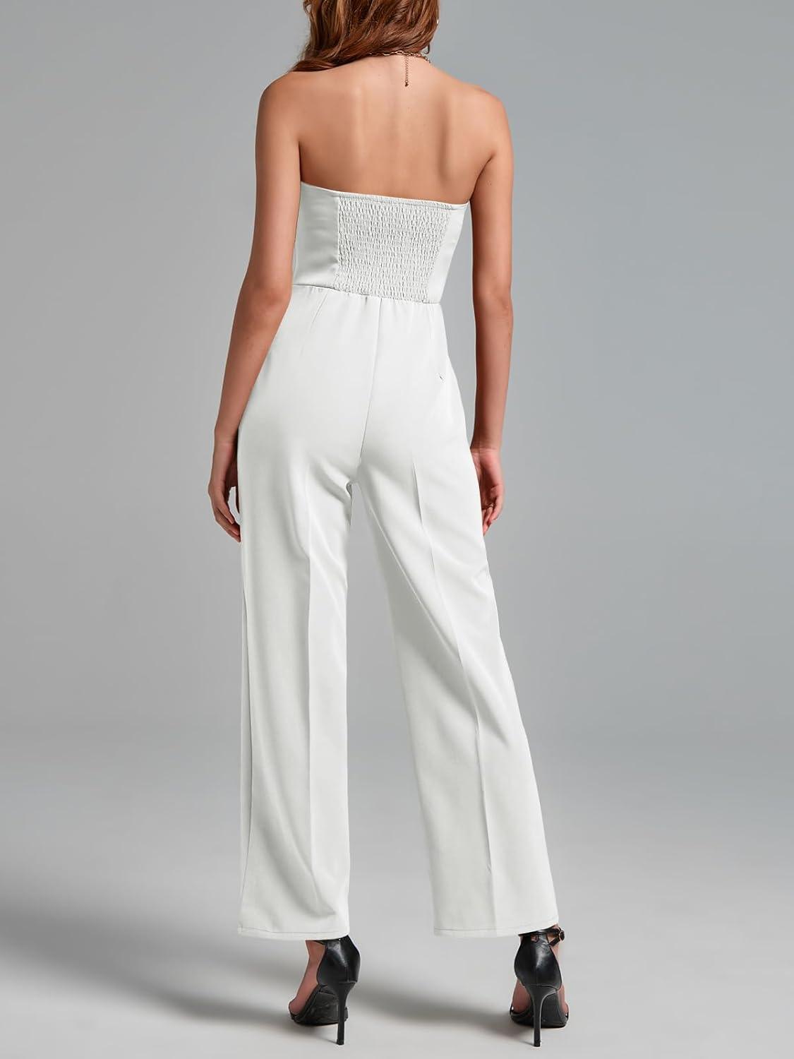 Strapless witte gesmokte klassieke jumpsuit 