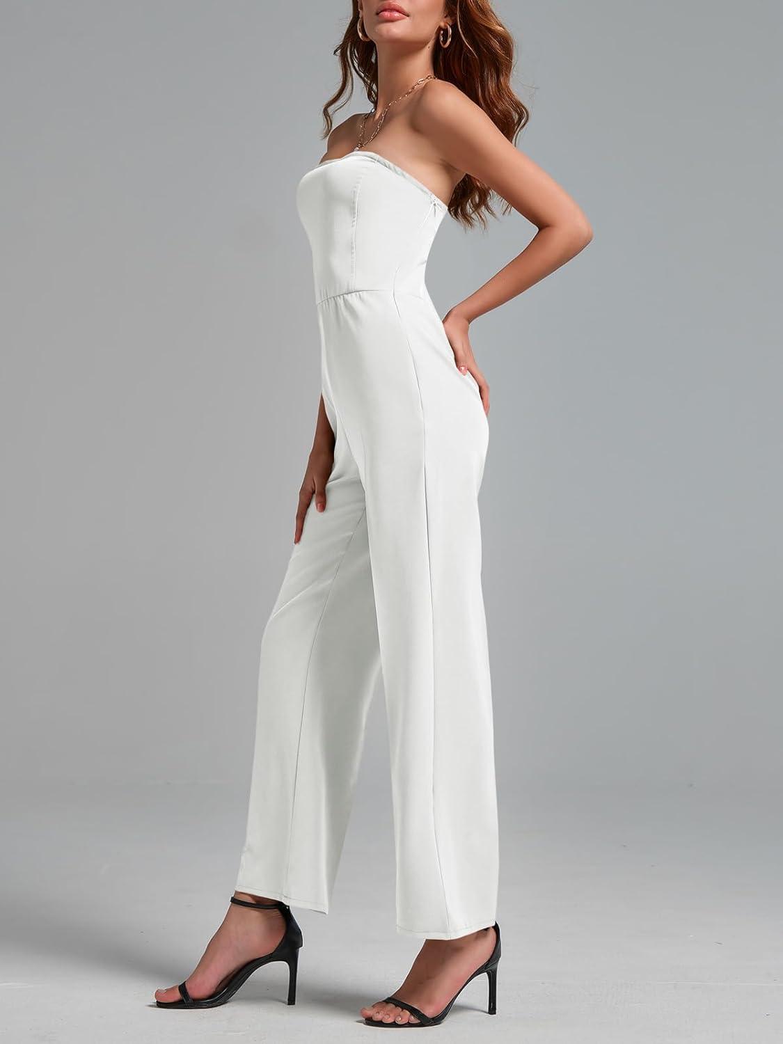 Strapless witte gesmokte klassieke jumpsuit 