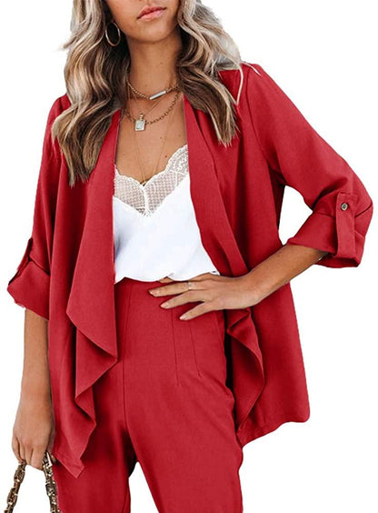 Red Draped Open Front Casual Long Sleeve Blazer - ZyraLux