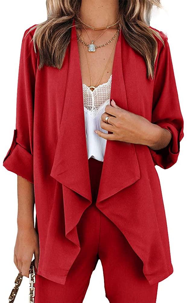 Red Draped Open Front Casual Long Sleeve Blazer - ZyraLux