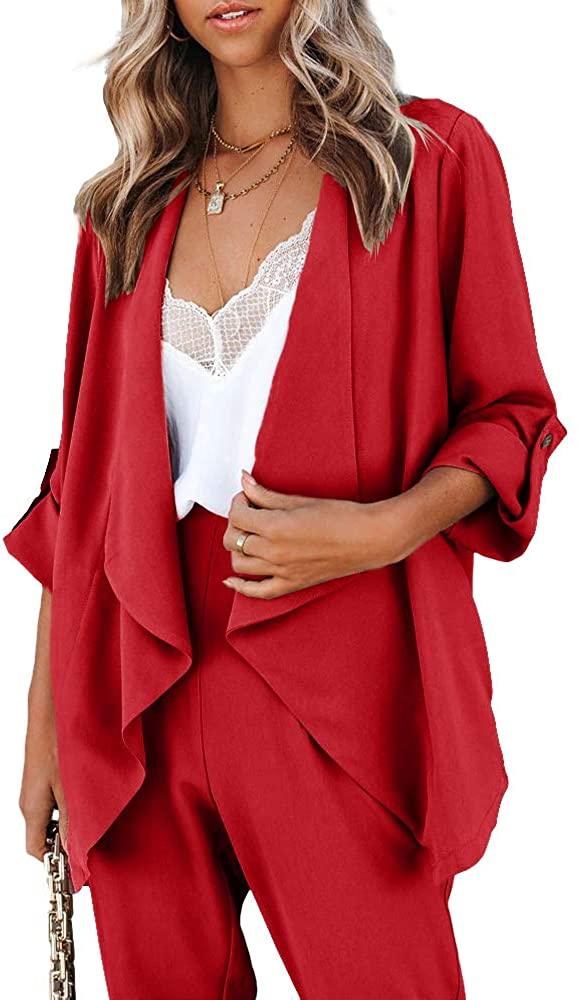 Red Draped Open Front Casual Long Sleeve Blazer - ZyraLux