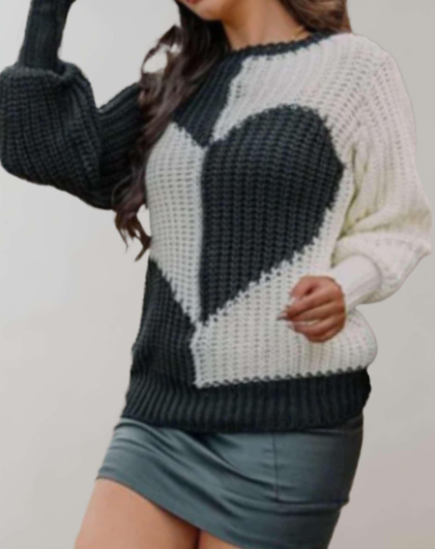 Coleen - Casual Two-Tone Knit Sweater with Heart Pattern - ZyraLux