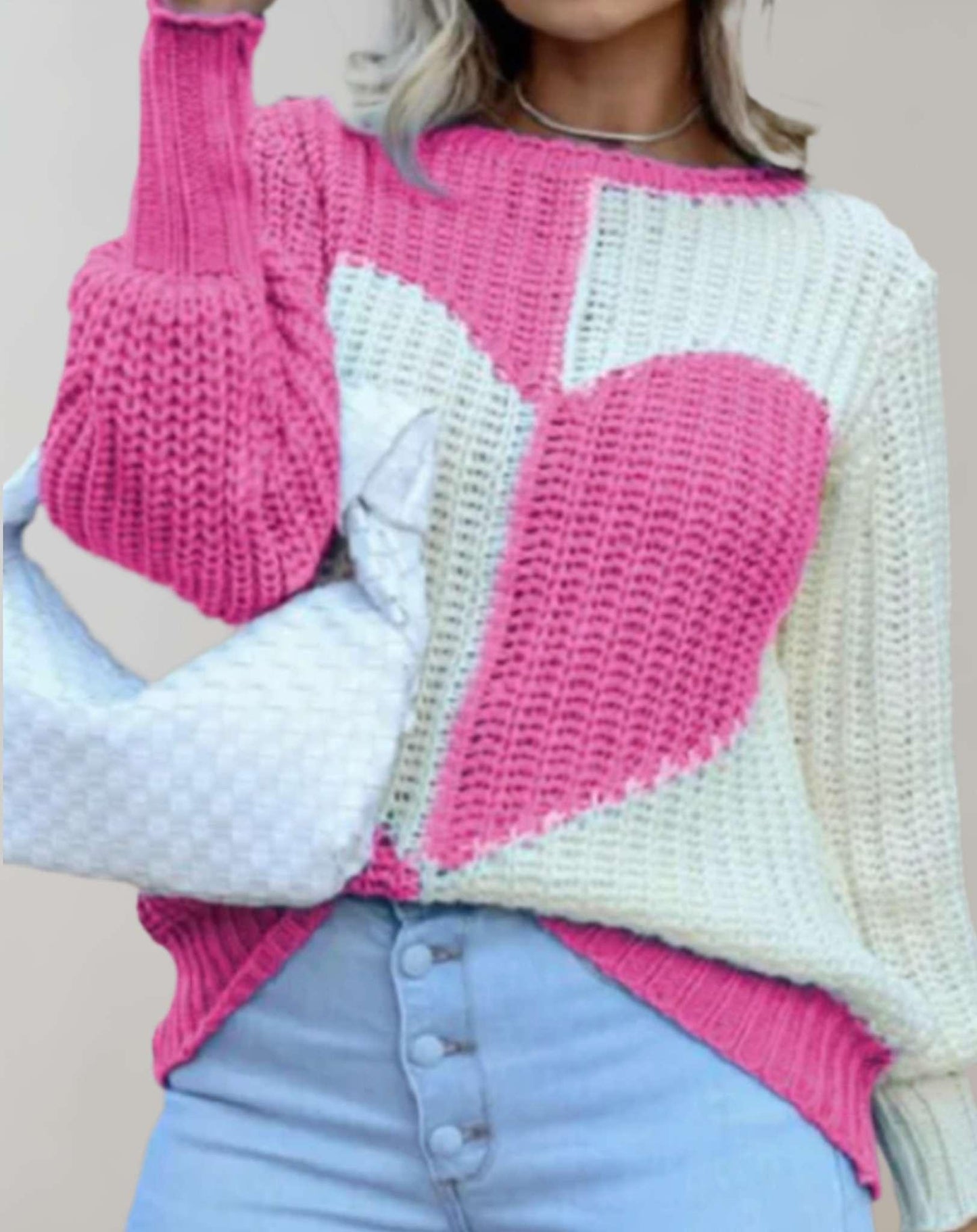 Coleen - Casual Two-Tone Knit Sweater with Heart Pattern - ZyraLux