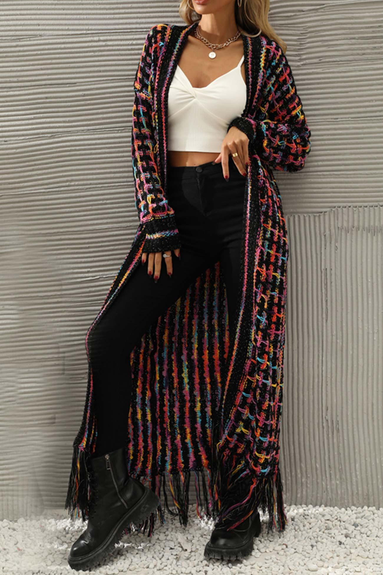 Laura - contrast fringe hem open front long cardigan - ZyraLux