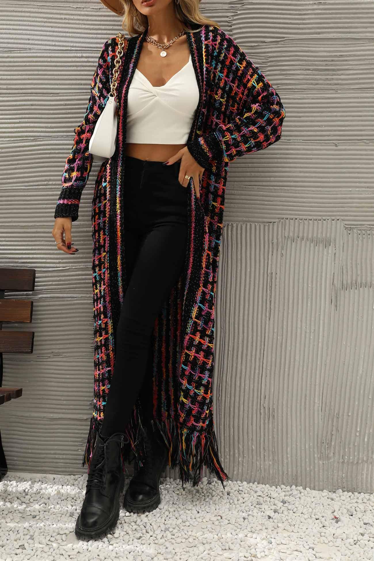 Laura - contrast fringe hem open front long cardigan - ZyraLux