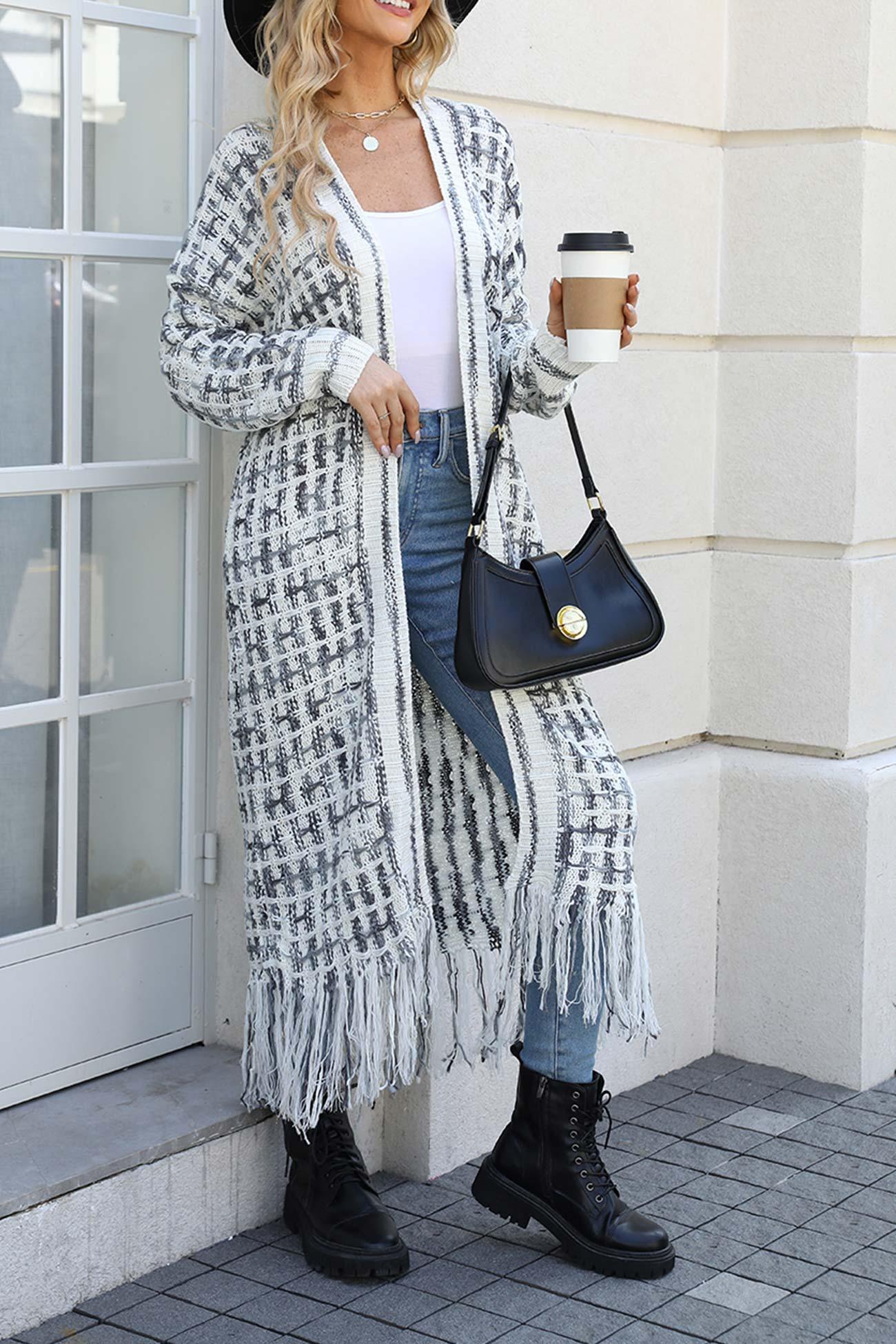 Laura - contrast fringe hem open front long cardigan - ZyraLux