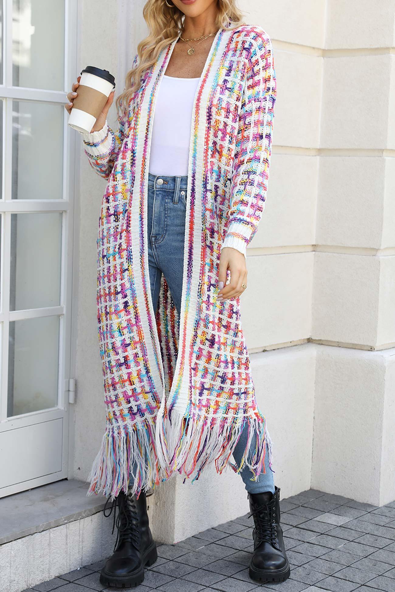 Laura - contrast fringe hem open front long cardigan - ZyraLux