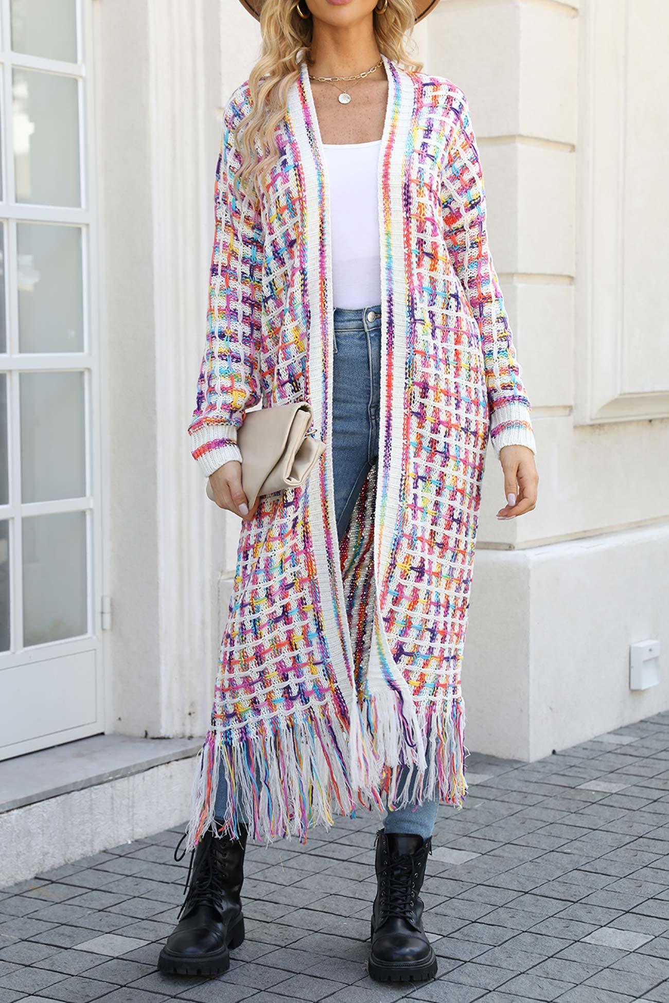 Laura - contrast fringe hem open front long cardigan - ZyraLux